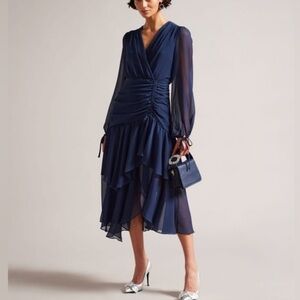 TED BAKER Ladies Midi Dress Sz 2 Navy Ruffle Long Sleeve Cocktail Wedding Party